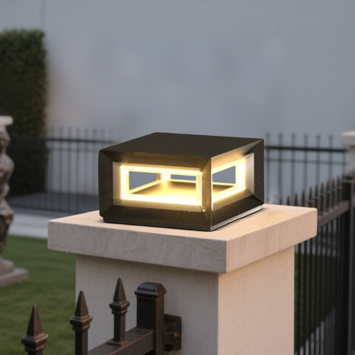 Modern LED Outdoor Pillar Lights - Black Metal Cube Design