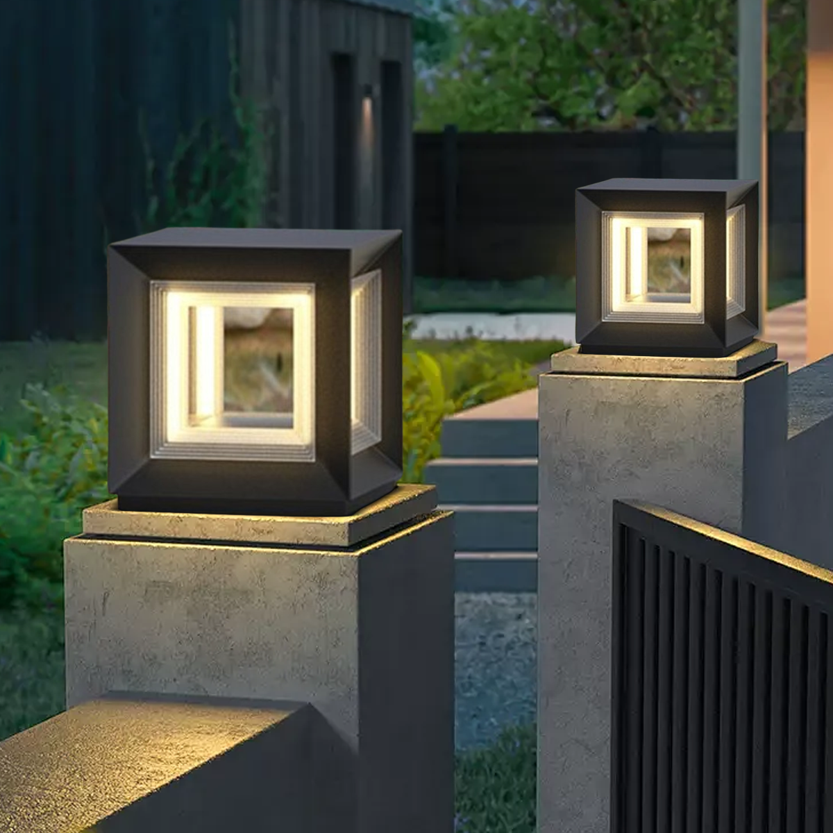 Modern LED Outdoor Pillar Lights - Black Metal Cube Design