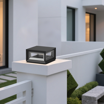 Modern LED Outdoor Pillar Lights - Black Metal Cube Design