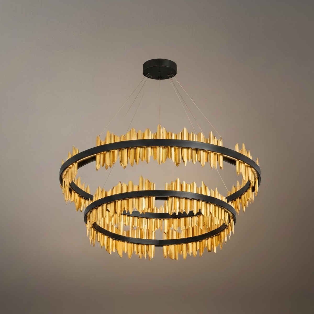 Excelis Dual-Ring Chandelier – Stainless Steel in Jet Black or Polished Gold for Living Room