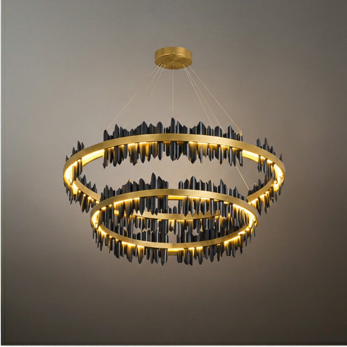 Excelis Dual-Ring Chandelier – Stainless Steel in Jet Black or Polished Gold for Living Room