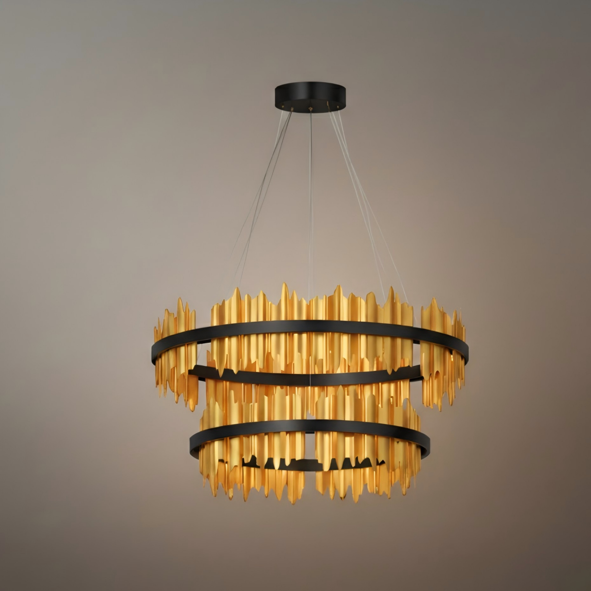 Excelis Dual-Ring Chandelier – Stainless Steel in Jet Black or Polished Gold for Living Room