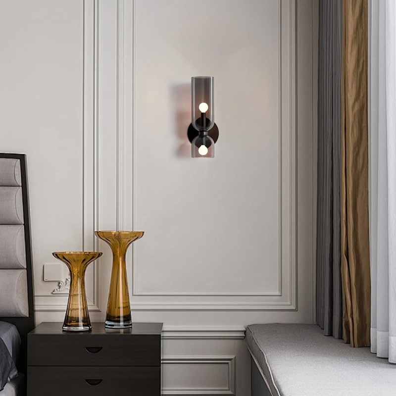 Modern Glass Wall Lamp - Gray Cylindrical Double Head for Bedroom
