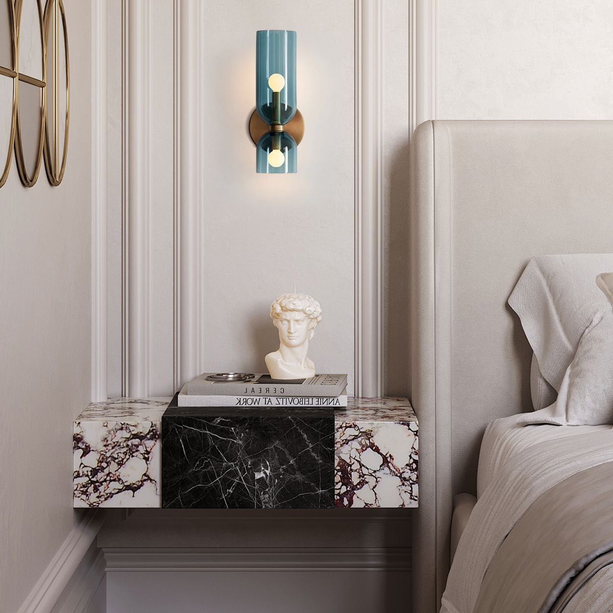 Modern Glass Wall Lamp - Blue Cylindrical Double Head for Bedroom