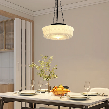 Vintage Glass Pendant Light - White/Beige above dining table