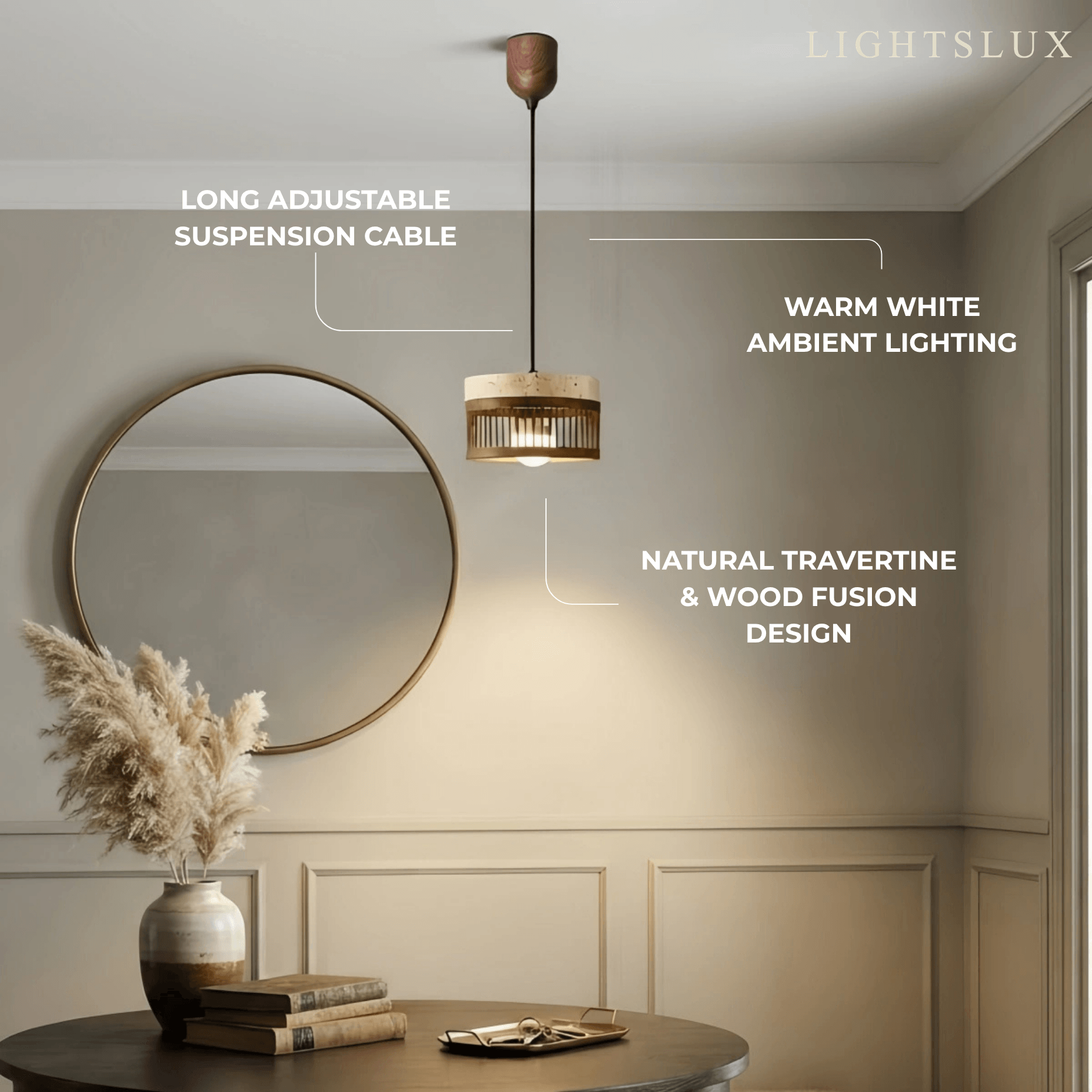 Strata Wabi-sabi Pendant Light --Travertine & Solid Wood Brown