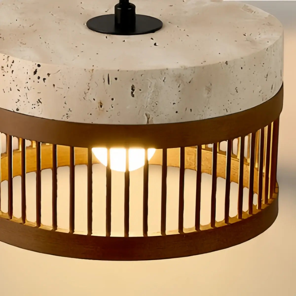 Strata Wabi-sabi Pendant Light --Travertine & Solid Wood Brown Detail