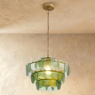 Vetro Art Deco Glass Chandelier -- Green Layered Pendant for Dining Room