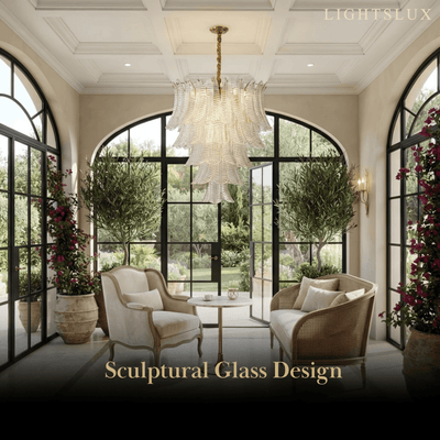Excelis Luxury Sculptural Glass Leaf Chandelier -- Metal Frame for Dining Room