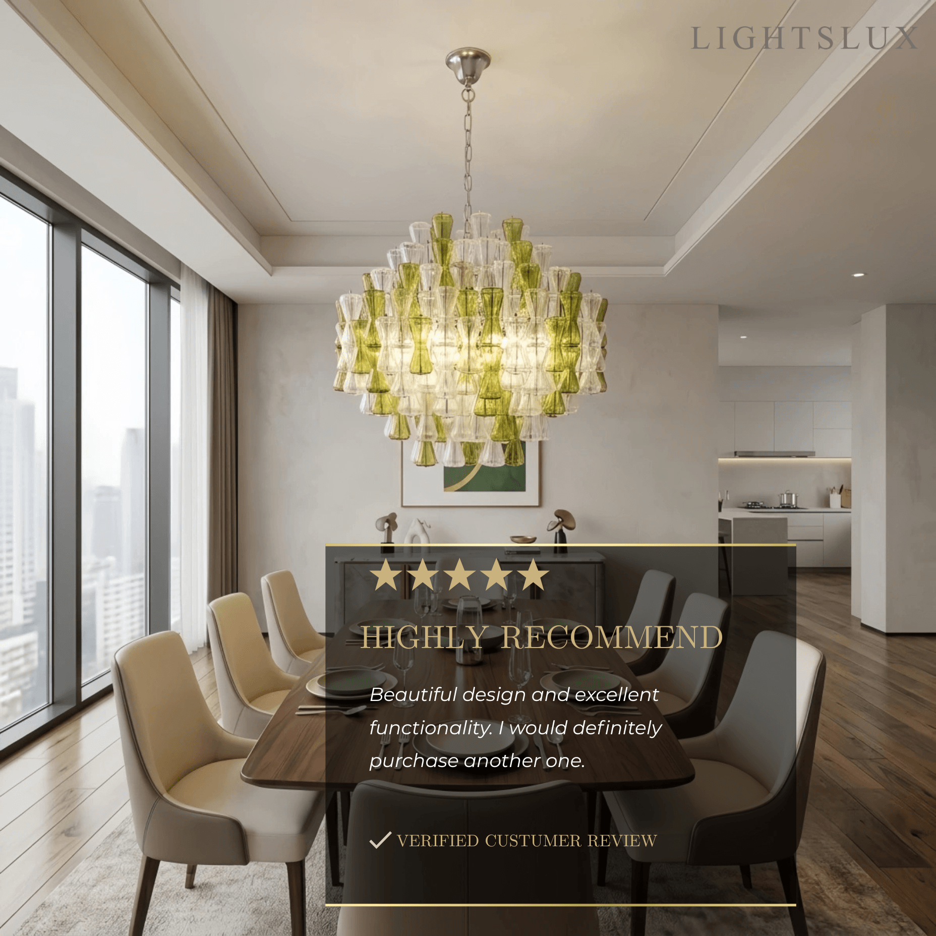 Excelis Luxury Glass Chandelier -- Clear & Green Hourglass for Dining Room