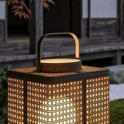 Bamburo Minimalist Outdoor Floor Lamp -- Metal & Rattan Beige for Garden Detail