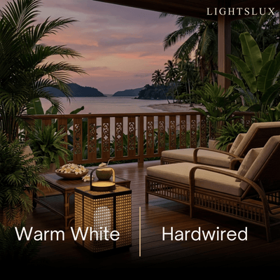 Bamburo Minimalist Outdoor Floor Lamp -- Metal & Rattan Beige Beach Hardwired