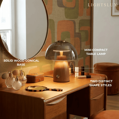 Vintage Table Lamp — Rubber wood & Smoked Glass for Bedroom