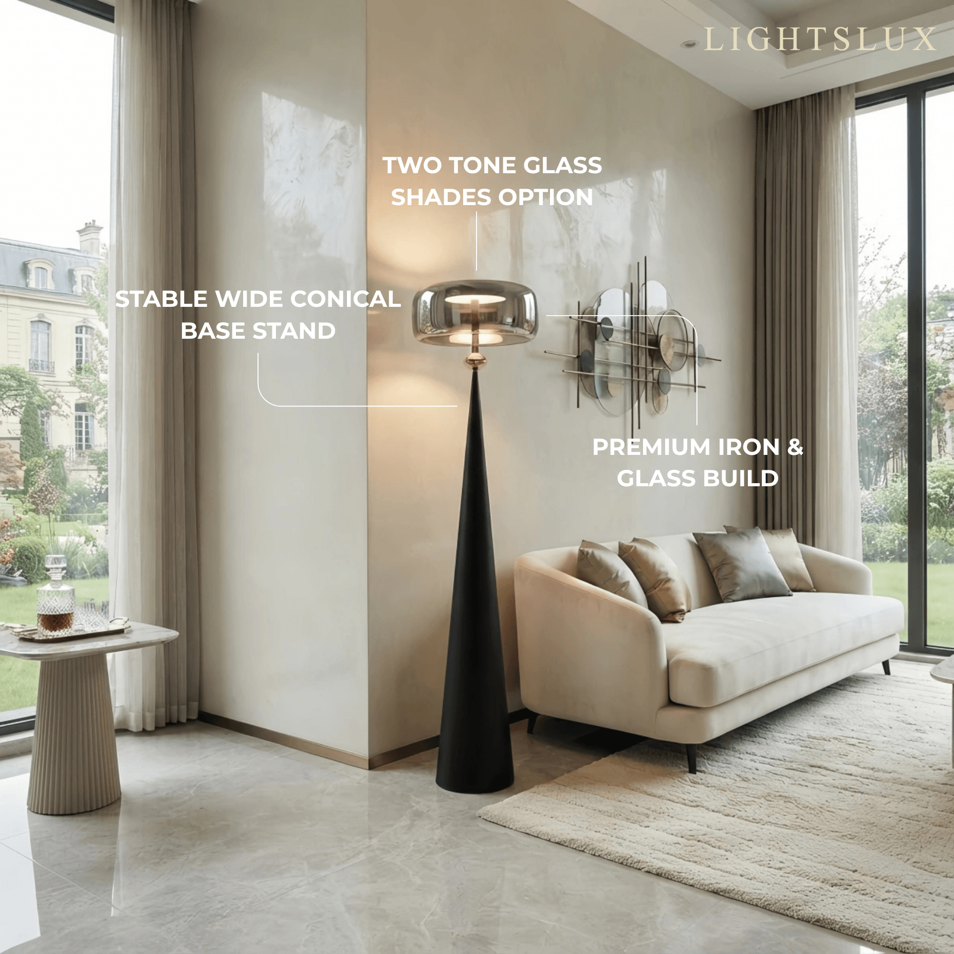 Modern Glass Floor Lamp -- Black Metal & Smoke Grey/Amber for Living Room