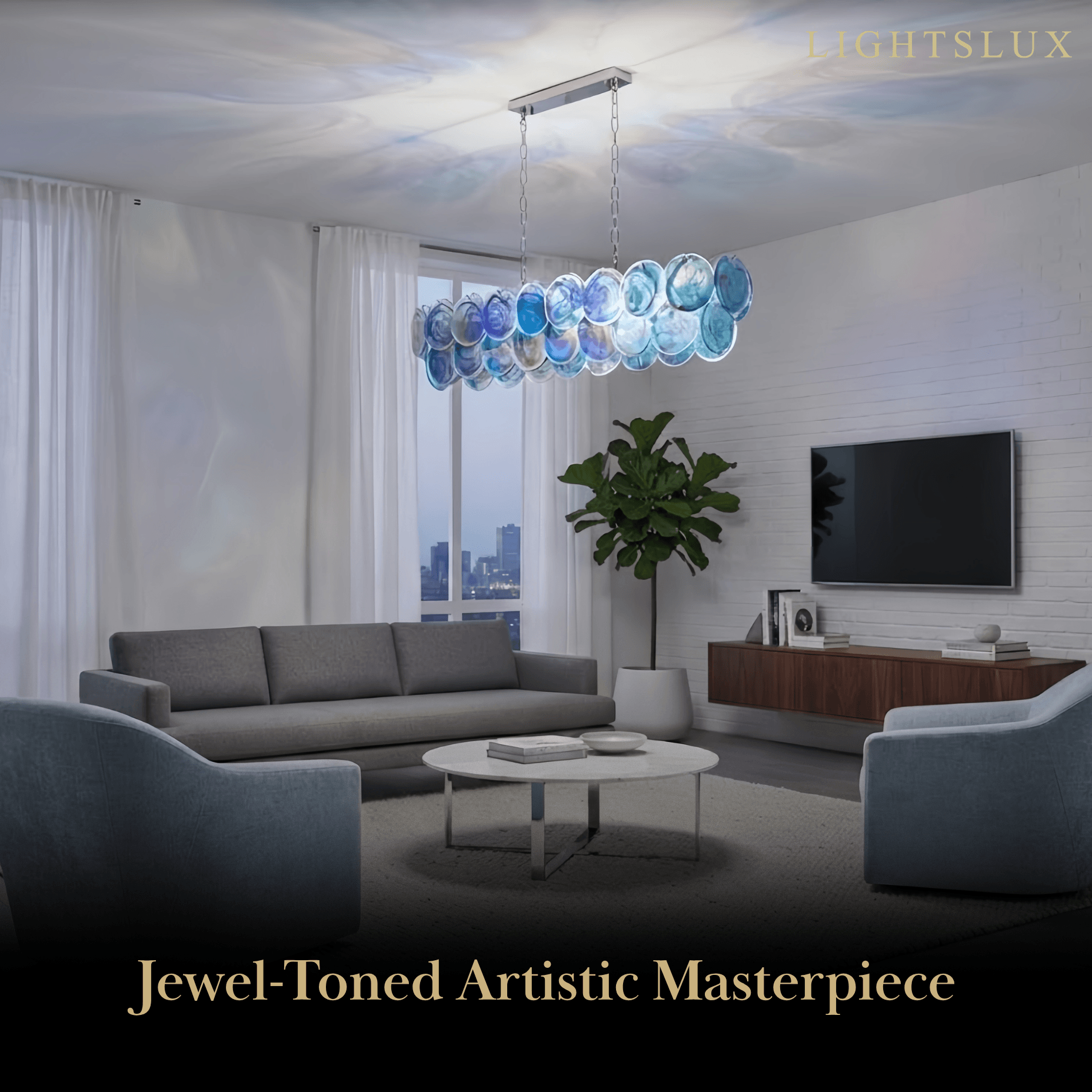 Excelis Art Deco Chandelier -- Handcrafted Iridescent Cloud Glass for Living Room