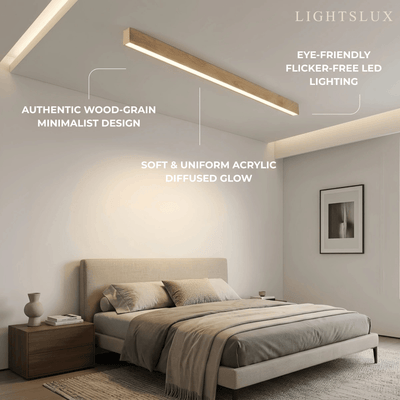 Zenno Minimalist Linear Ceiling Light -- Iron & Acrylic Wood-Grain Natural Wood/Walnut for Bedroom