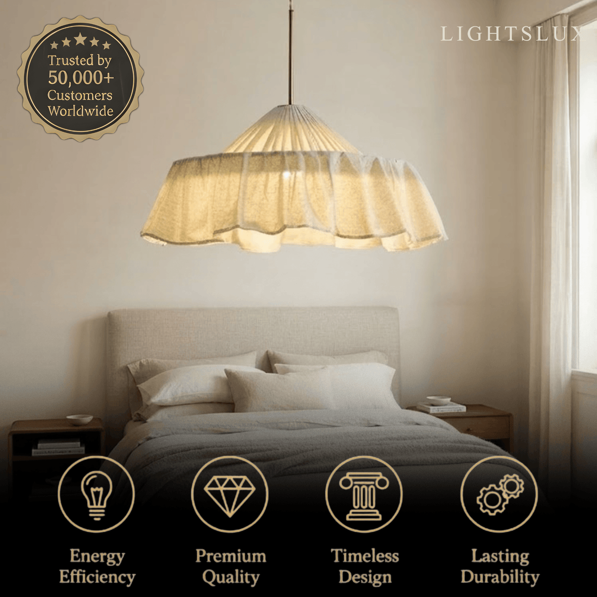 Velora Elegant Fabric Pendant Lamp -- Beige Pleated for Bedroom2