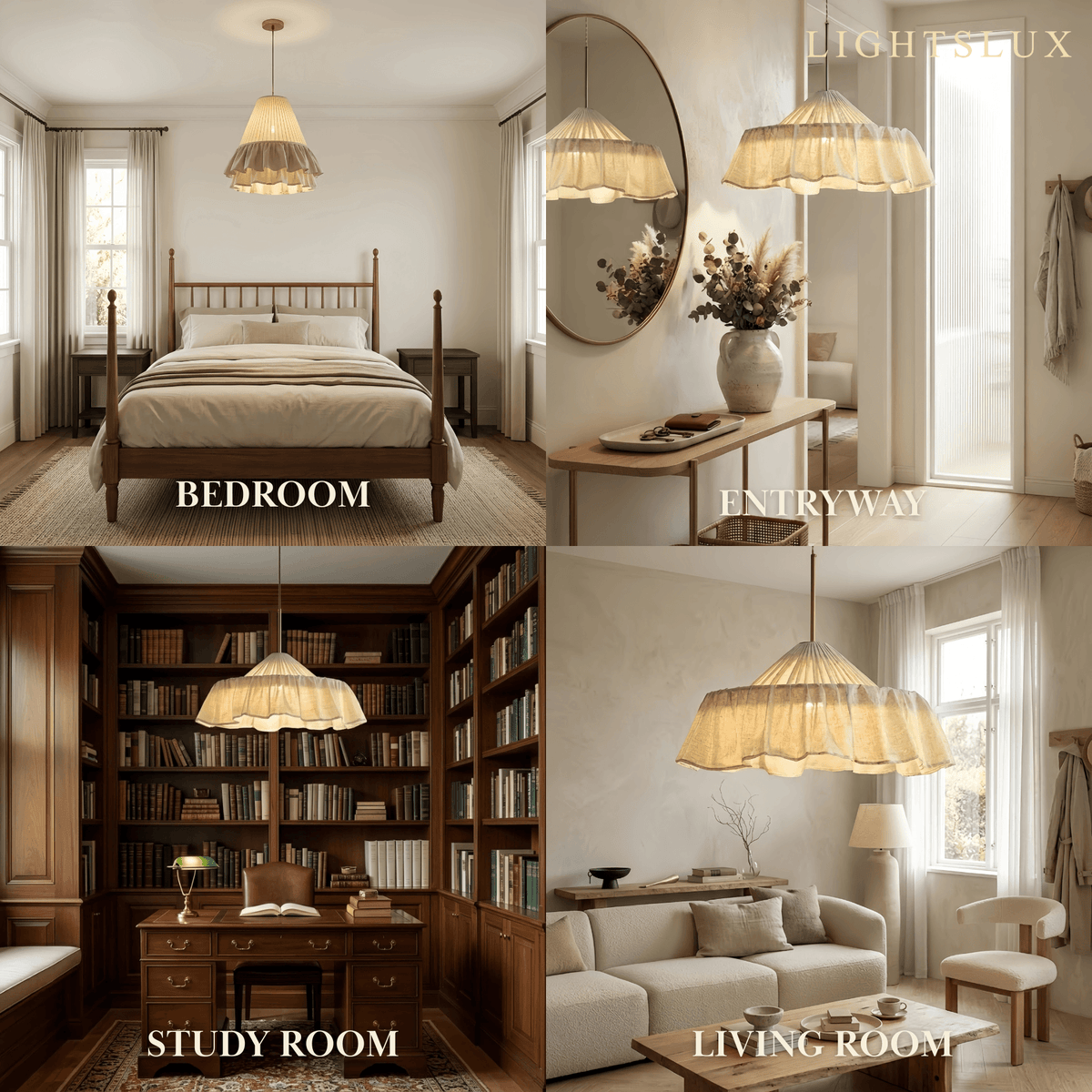 Velora Elegant Fabric Pendant Lamp -- Beige Pleated for Bedroom7