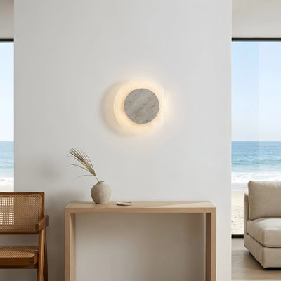 Strata Wabi-sabi Round Wall Lamp -- Natural Yellow Travertine & Acrylic