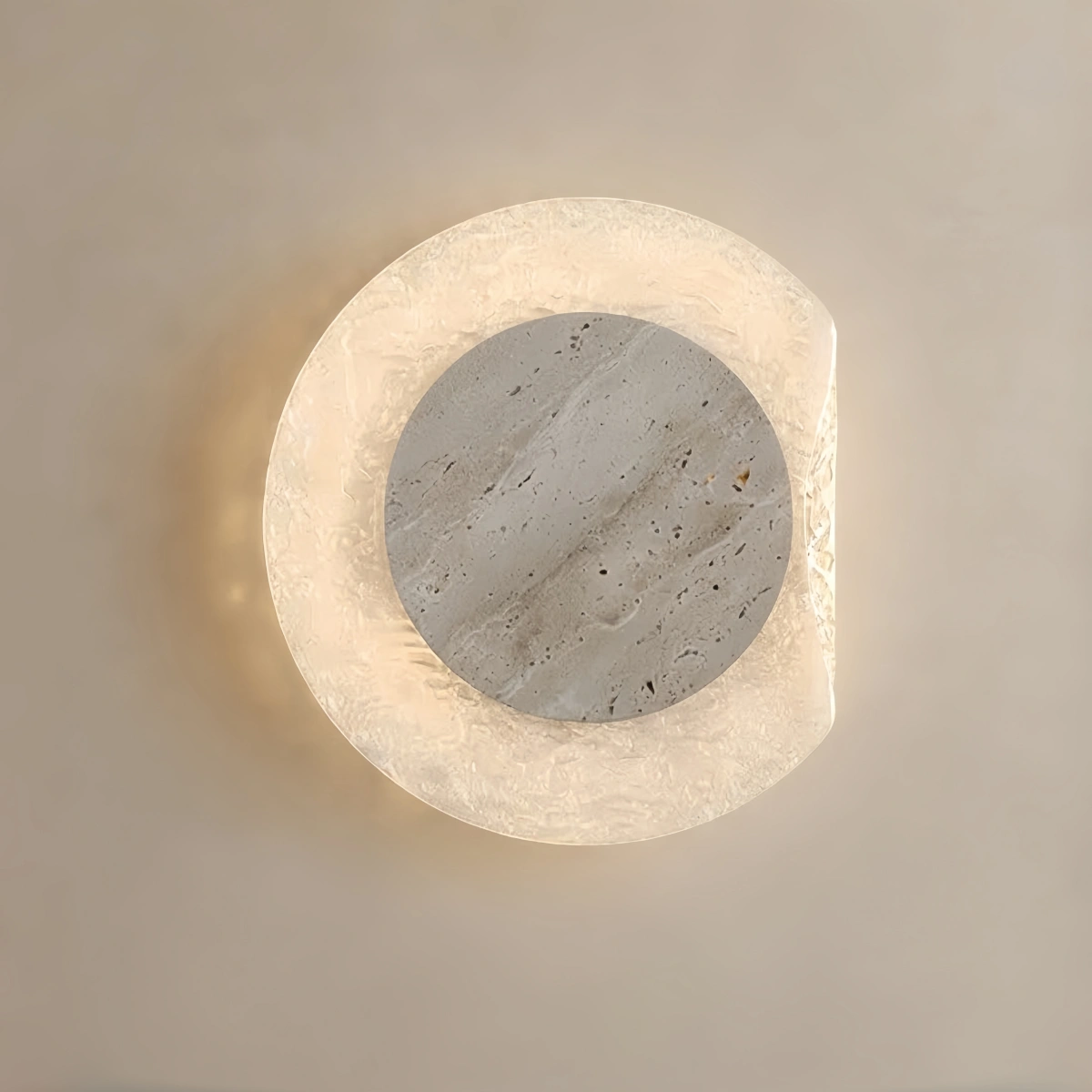 Strata Wabi-sabi Round Wall Lamp -- Natural Yellow Travertine & Acrylic for Bedroom