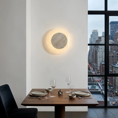 Strata Wabi-sabi Round Wall Lamp -- Natural Yellow Travertine & Acrylic for Dining room