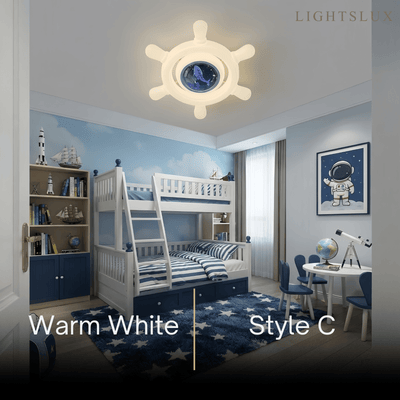 Vivara Art Deco Ship's Helm Ceiling Light -- Iron & PE Dimmable White/Blue for Bedroom Style C