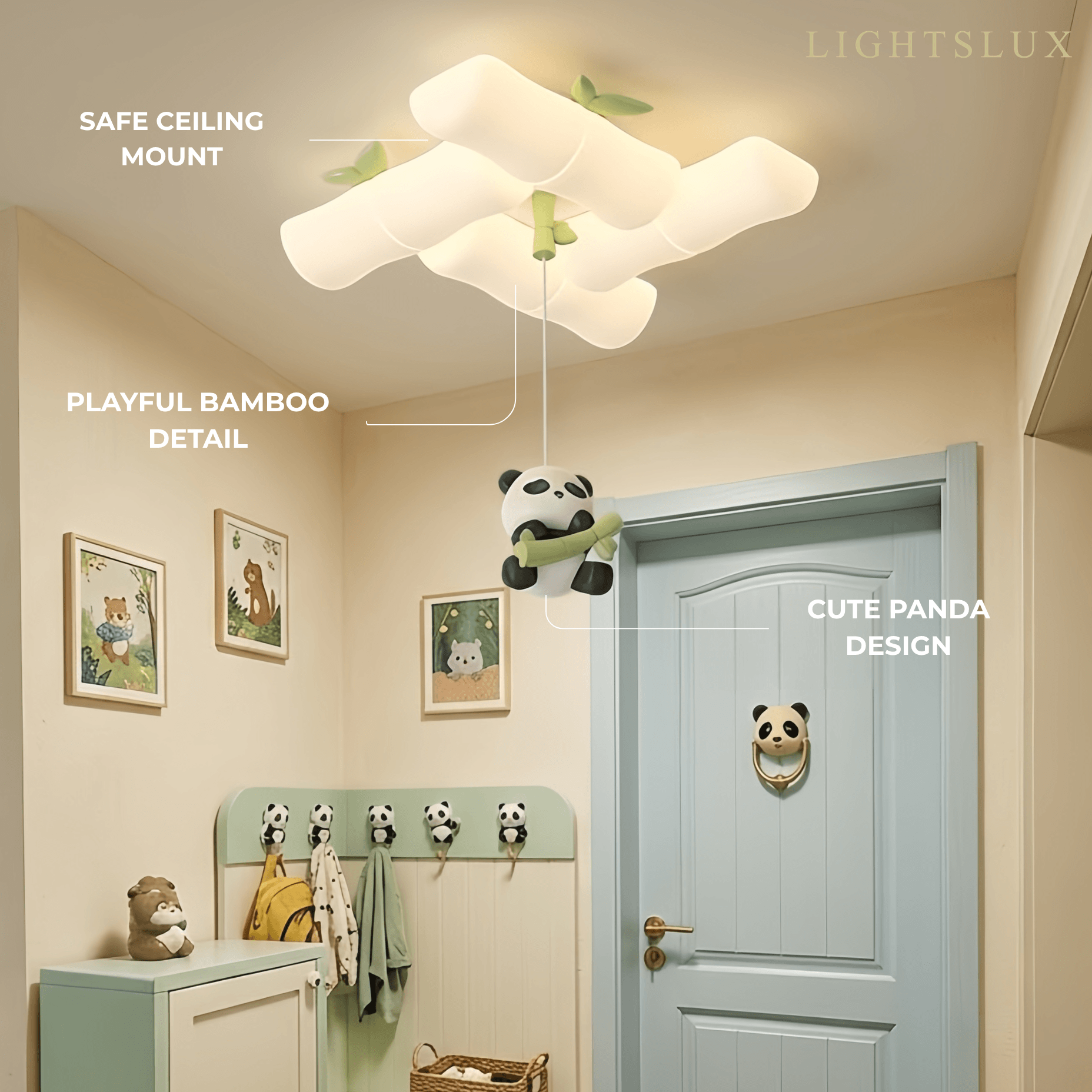 Art Deco Bamboo-Inspired Ceiling Light -- White Panda Iron & PE for Entryway