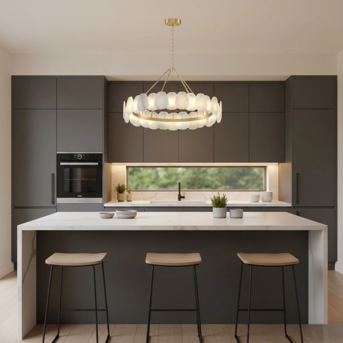 Luxury Sculptural Brushed Gold Chandelier - Layered Alabaster & Hand-Shaped Brass for Dining Room