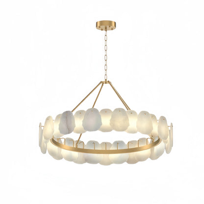 Excelis Luxury Sculptural Brushed Gold Chandelier - Layered Alabaster & Hand-Shaped Brass for Dining Room