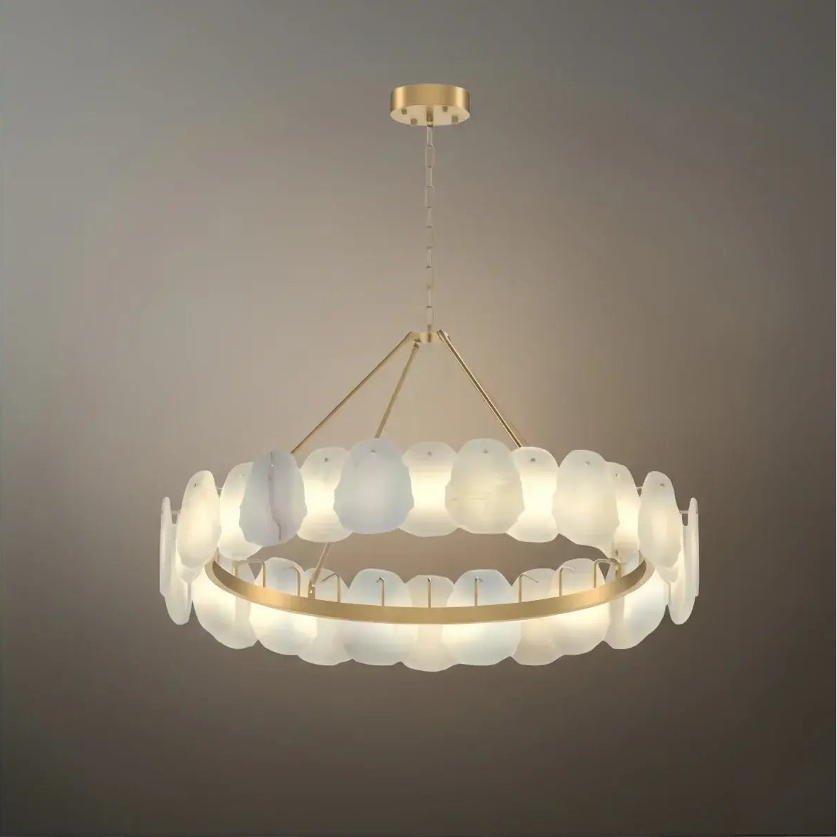 Luxury Sculptural Brushed Gold Chandelier - Layered Alabaster & Hand-Shaped Brass for Dining Room