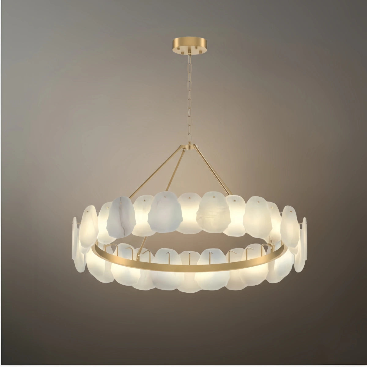 Luxury Sculptural Brushed Gold Chandelier - Layered Alabaster & Hand-Shaped Brass for Dining Room