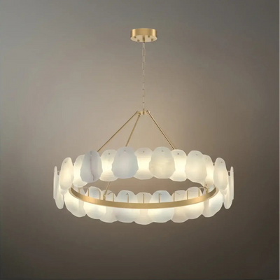 Luxury Sculptural Brushed Gold Chandelier - Layered Alabaster & Hand-Shaped Brass for Dining Room