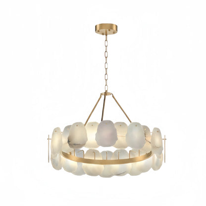Luxury Sculptural Brushed Gold Chandelier - Layered Alabaster & Hand-Shaped Brass for Dining Room