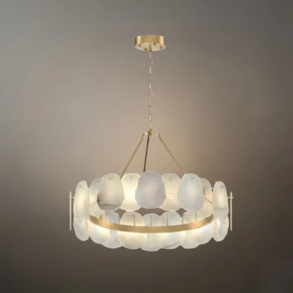 Luxury Sculptural Brushed Gold Chandelier - Layered Alabaster & Hand-Shaped Brass for Dining Room