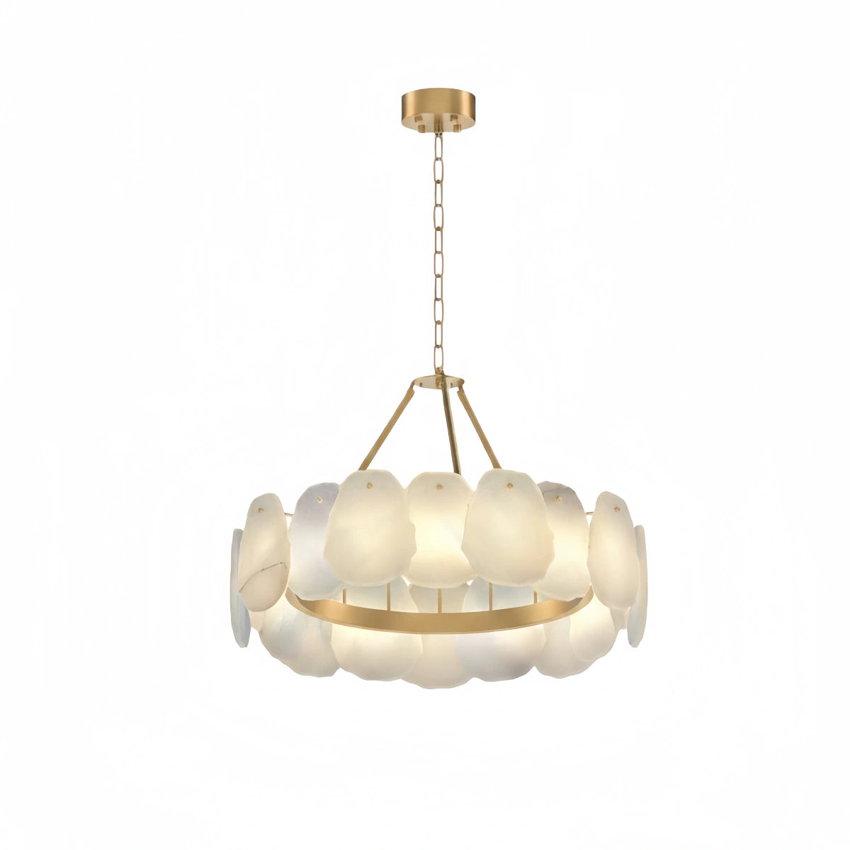 Luxury Sculptural Brushed Gold Chandelier - Layered Alabaster & Hand-Shaped Brass for Dining Room
