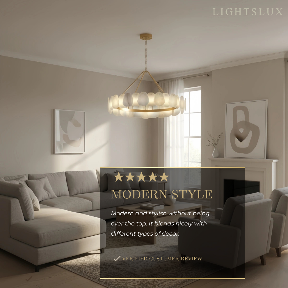 Luxury Sculptural Brushed Gold Chandelier - Layered Alabaster & Hand-Shaped Brass for Dining Room