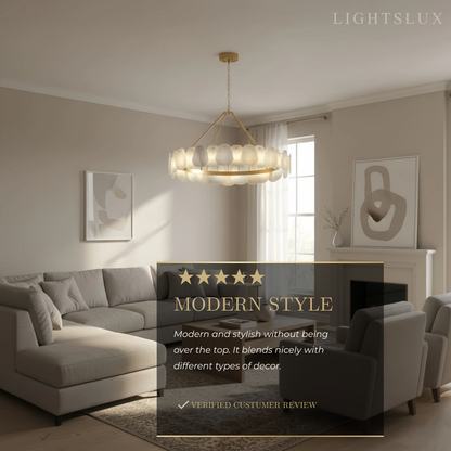 Luxury Sculptural Brushed Gold Chandelier - Layered Alabaster & Hand-Shaped Brass for Dining Room