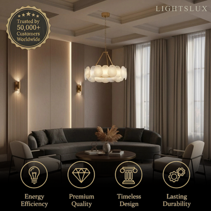Luxury Sculptural Brushed Gold Chandelier - Layered Alabaster & Hand-Shaped Brass for Dining Room