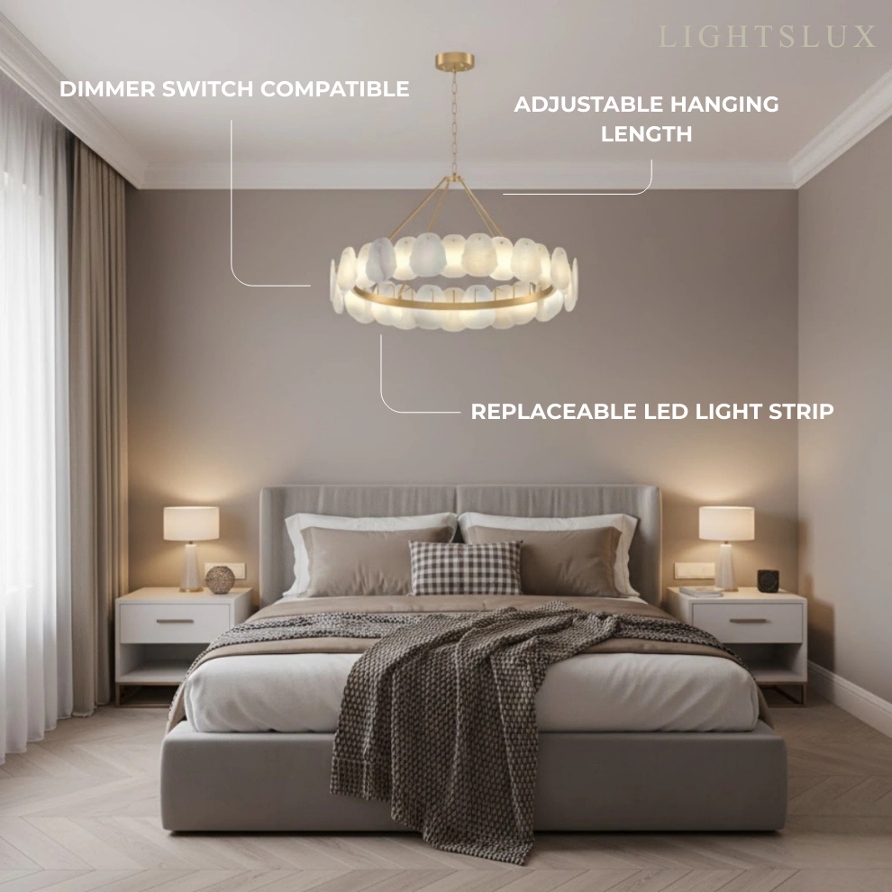 Excelis Luxury Sculptural Brushed Gold Chandelier - Layered Alabaster & Hand-Shaped Brass for Dining Room