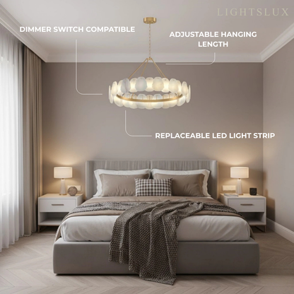 Excelis Luxury Sculptural Brushed Gold Chandelier - Layered Alabaster & Hand-Shaped Brass for Dining Room