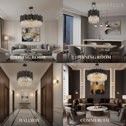 Modern Crystal Chandelier – Black Frame Sparkling Focal Point for Dining/Living Room