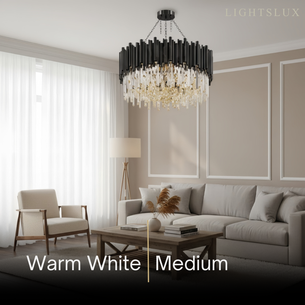 Modern Crystal Chandelier – Black Frame Sparkling Focal Point for Dining/Living Room