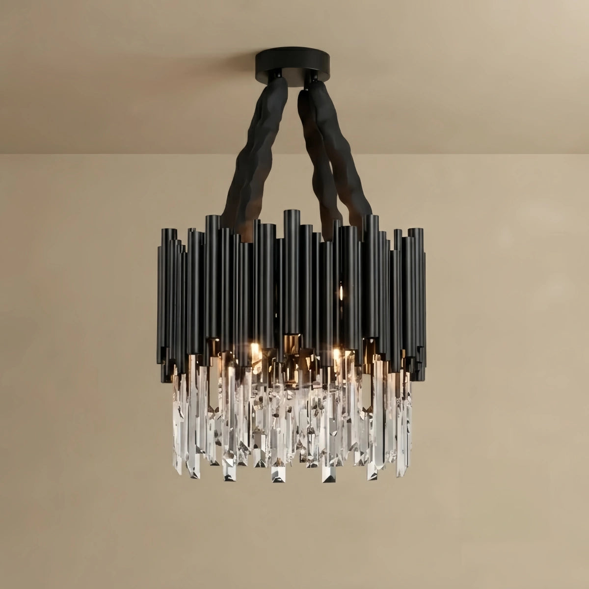 Modern Crystal Chandelier – Black Frame Sparkling Focal Point for Dining/Living Room