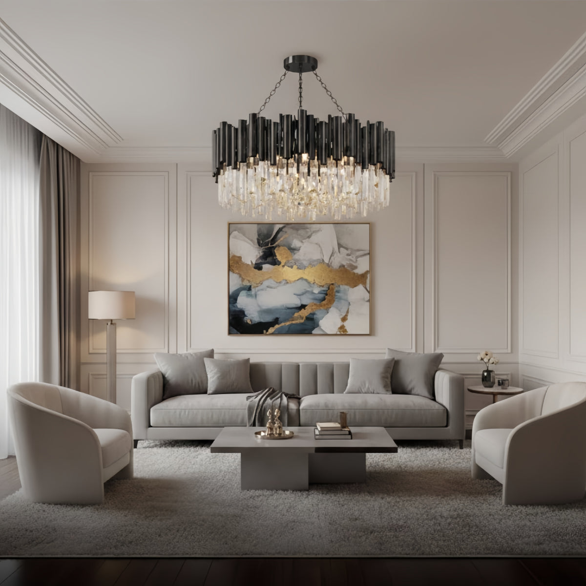 Excelis Modern Crystal Chandelier – Black Frame Sparkling Focal Point for Dining/Living Room