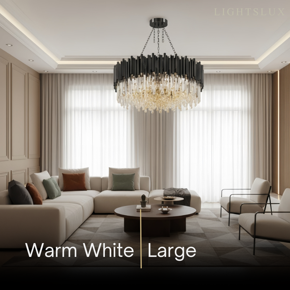 Modern Crystal Chandelier – Black Frame Sparkling Focal Point for Dining/Living Room