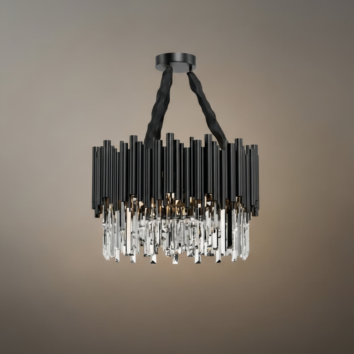 Modern Crystal Chandelier – Black Frame Sparkling Focal Point for Dining/Living Room