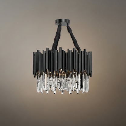 Modern Crystal Chandelier – Black Frame Sparkling Focal Point for Dining/Living Room