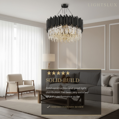 Modern Crystal Chandelier – Black Frame Sparkling Focal Point for Dining/Living Room