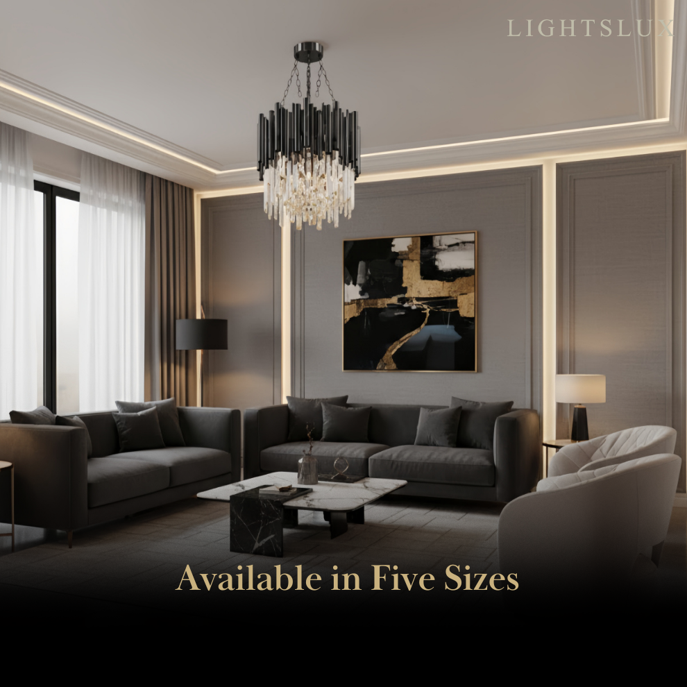 Modern Crystal Chandelier – Black Frame Sparkling Focal Point for Dining/Living Room