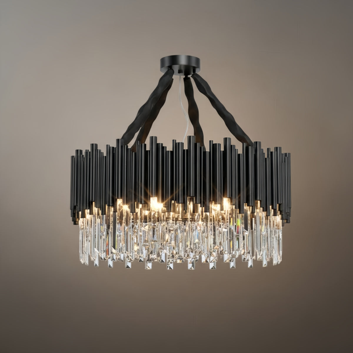 Modern Crystal Chandelier – Black Frame Sparkling Focal Point for Dining/Living Room